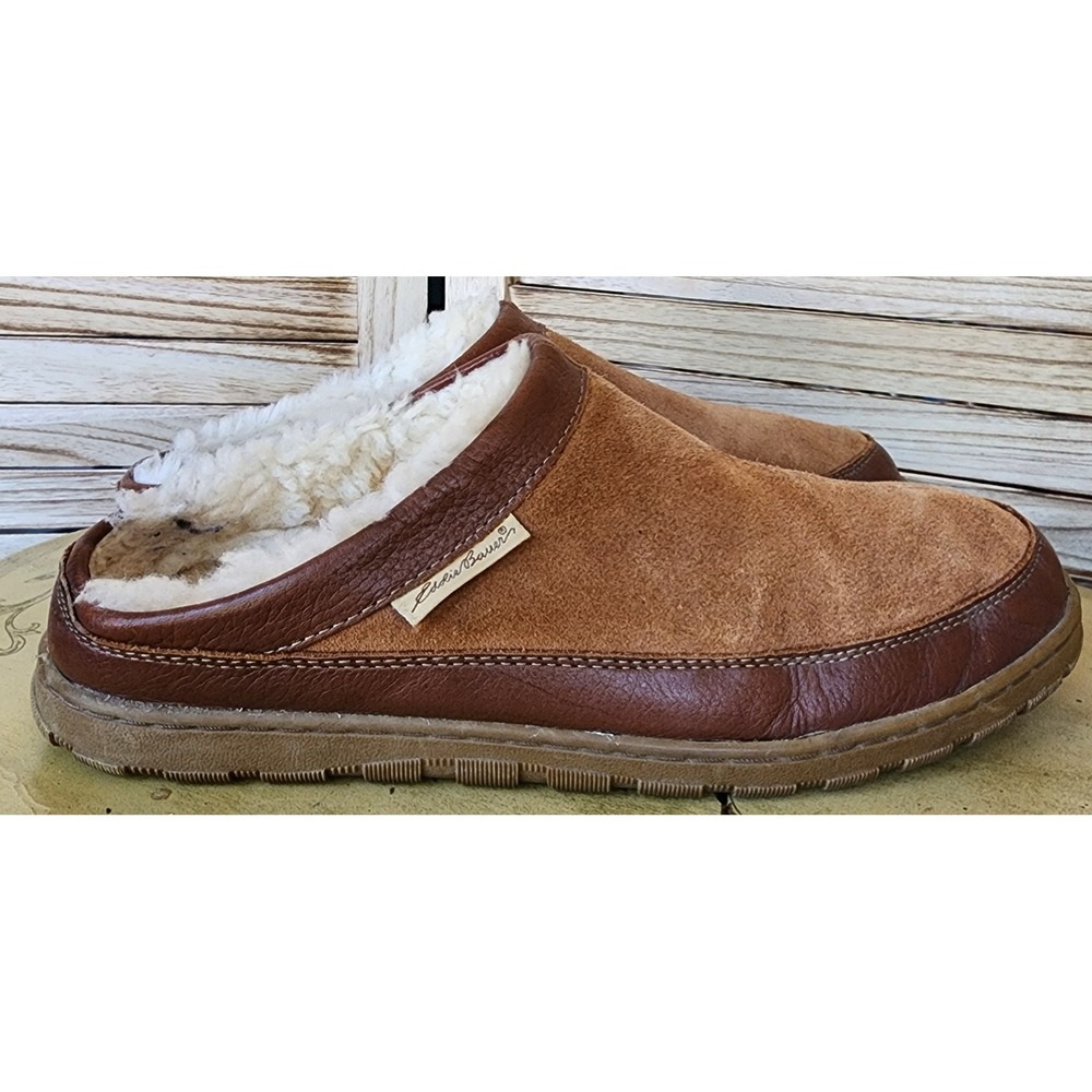 Eddie Bauer Sz 13M Brown Suede Leather Shearling Lined Slipper Comfort Shoes
